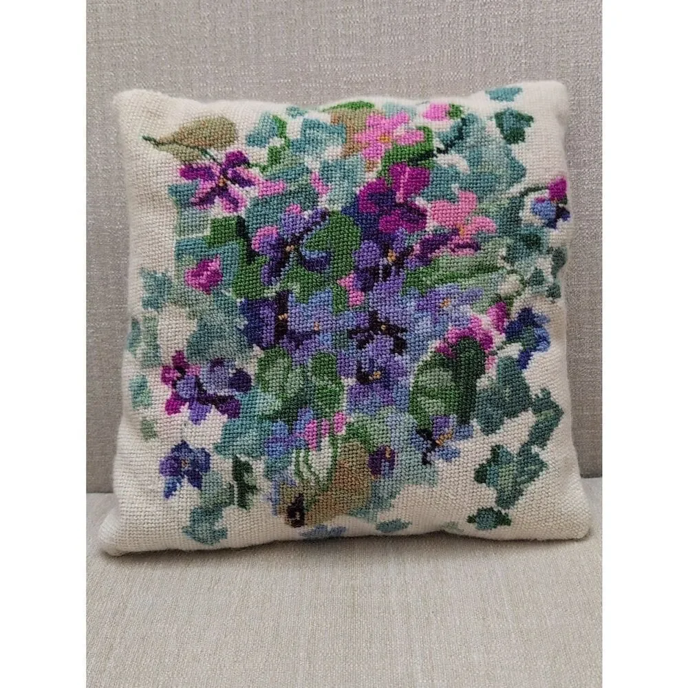 Vintage Floral Needlepoint Pillow - Purple, Pink & Green Violets